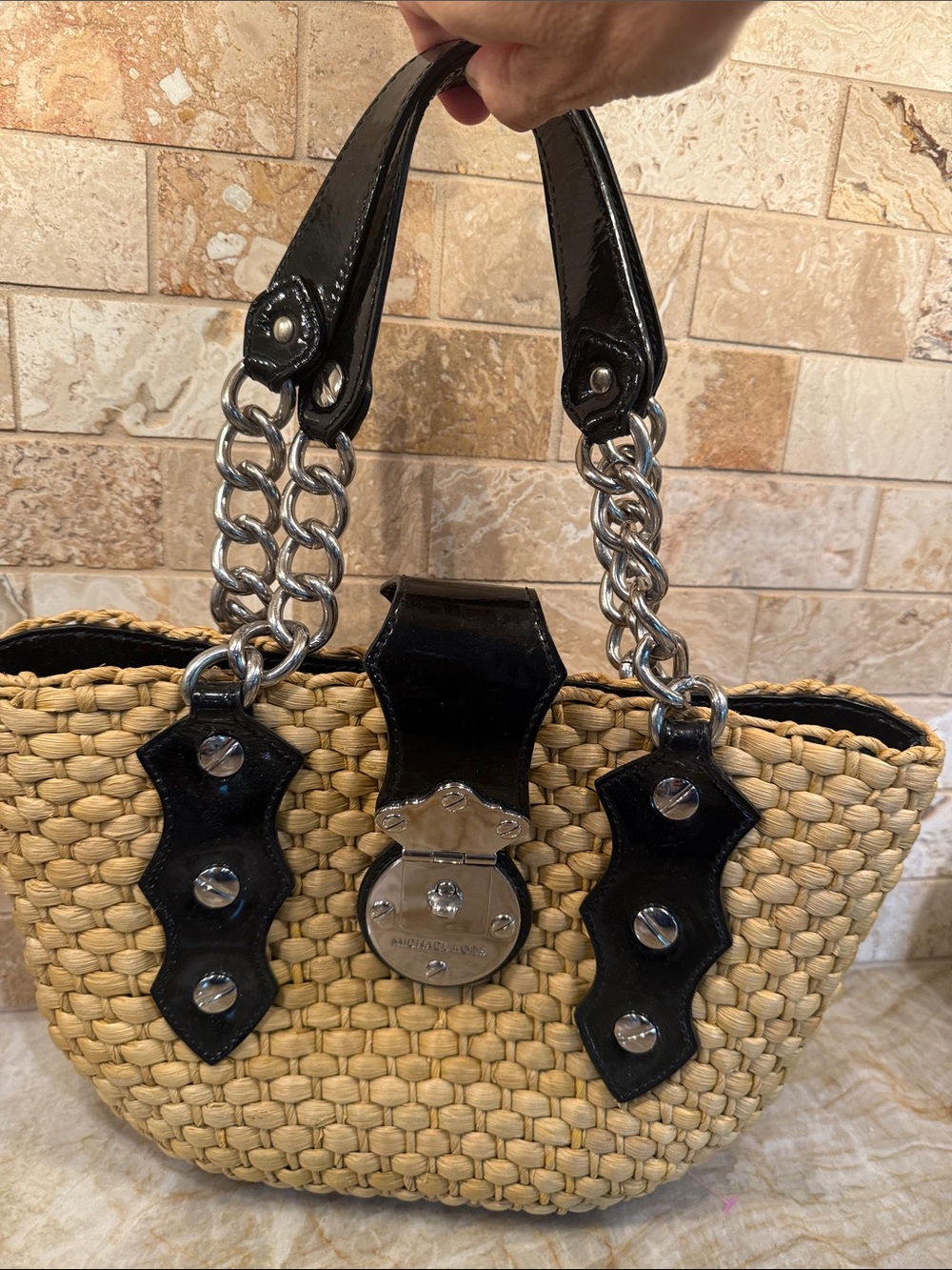 Michael Kors Natural Straw Tote with Black Patent Leather and Silver Chain - Picture 2 of 6